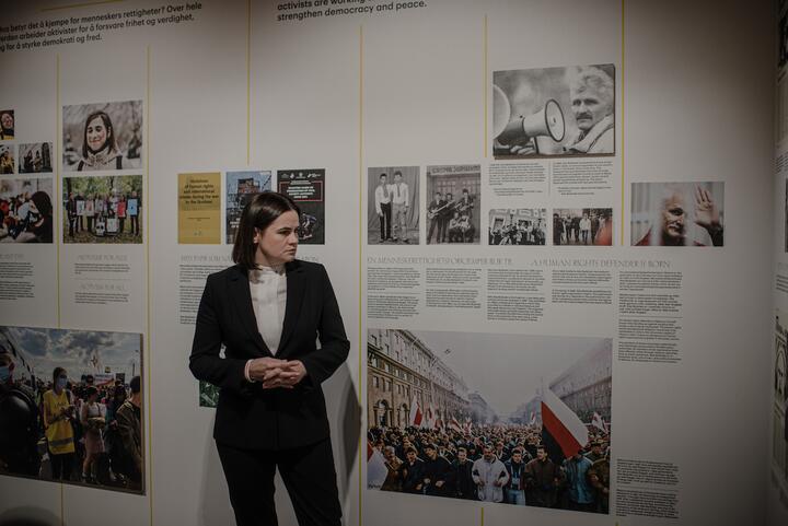 Светлана Тихановская на выставке, посвященной вручению Нобелевской премии мира, Осло, Норвегия, 11 декабря 2022 года. Фото: Pavel Krichko